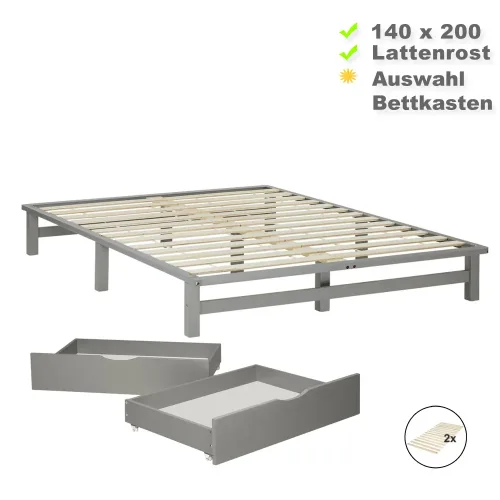 Massivholz Doppelbett 140x200 - Bett ohne Kopfteil - Auswahl Bettkästen - Farbe: Grau