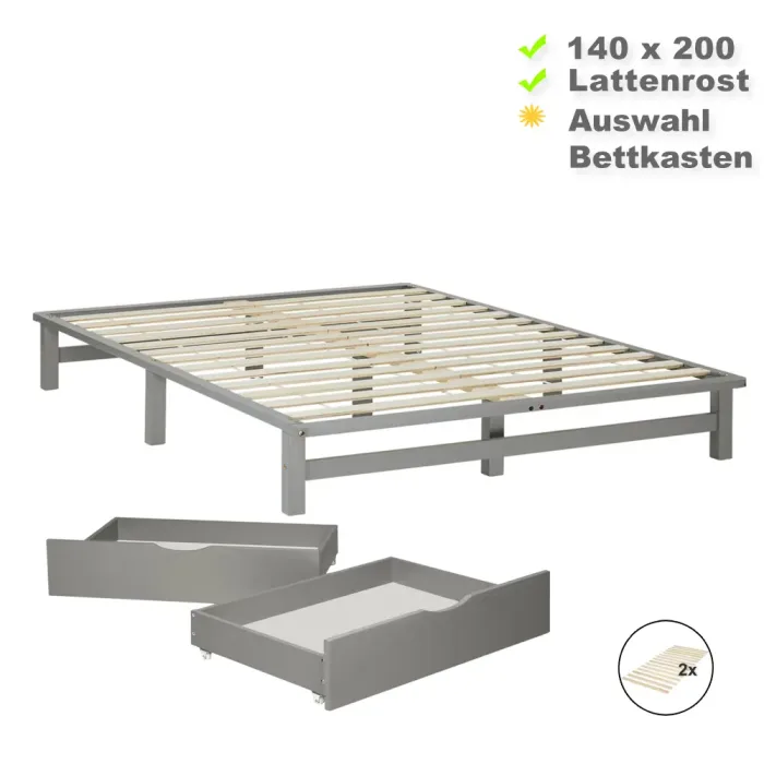 Massivholz Doppelbett 140x200 - Bett ohne Kopfteil - Auswahl Bettkästen - Farbe: Grau