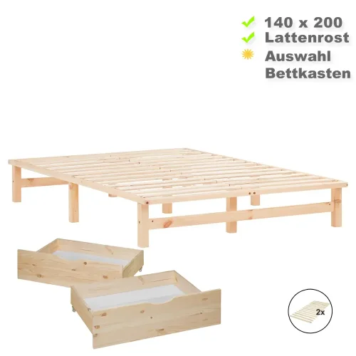 Massivholz Doppelbett 140x200 - Bett ohne Kopfteil - Farbe: Natur
