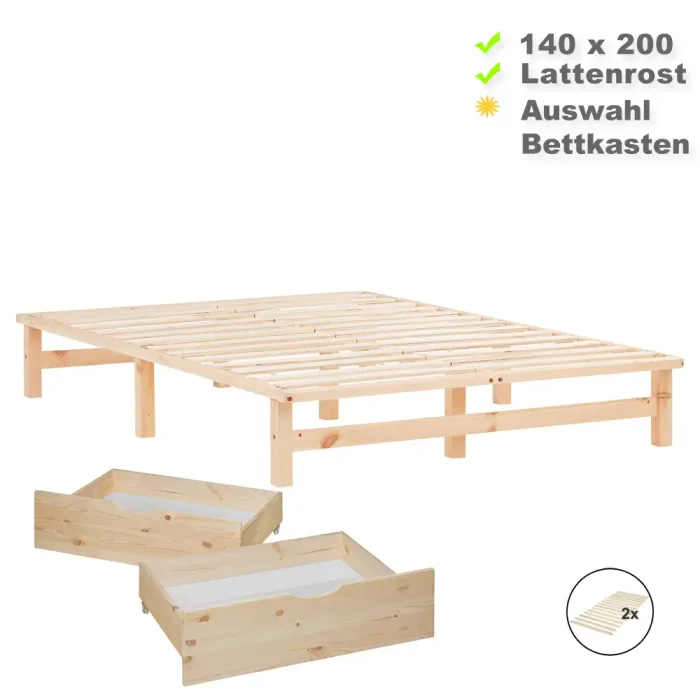 Massivholz Doppelbett 140x200 - Bett ohne Kopfteil - Farbe: Natur