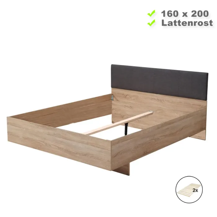 Doppelbett 160x200 - Futonbett mit hohem Polster-Kopfteil - Farbe: Natur mit Grau