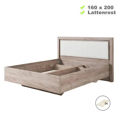 Doppelbett 160x200 - Futonbett mit hohem Kunstleder-Kopfteil - Farbe: Natur mit Weiß