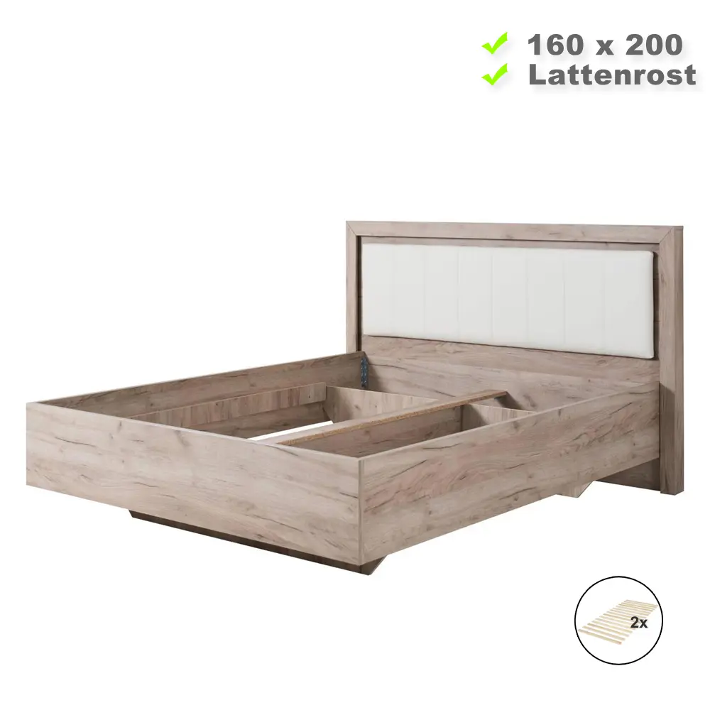 Doppelbett 160x200 - Futonbett mit hohem Kunstleder-Kopfteil - Farbe: Natur mit Weiß