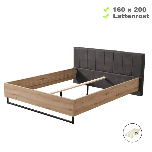 Industrial Design Bett 160x200 - Doppelbett mit hohem Kopfteil - Farbe: Natur mit Grau
