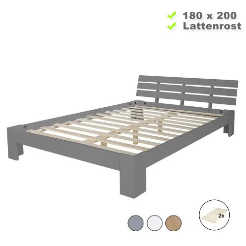 Massivholzbett 180x200 - Doppelbett mit Rückenlehne – Farbe-Auswahl: Weiß Natur Grau