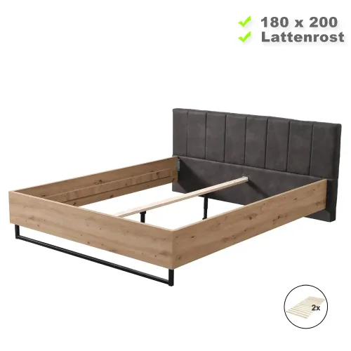 Industrial Design Bett 180x200 - Doppelbett mit hohem Kopfteil - Farbe: Natur mit Grau