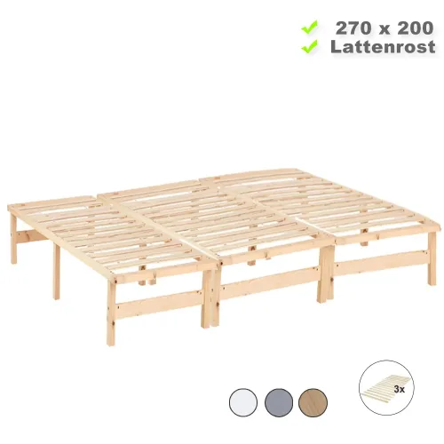 Familienbett aus Echtholz 270x200 – Palettenbett mit 3 Liegeflächen – Farbe-Auswahl: Weiß Natur Grau