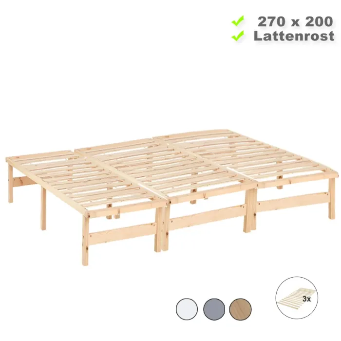 Familienbett aus Echtholz 270x200 – Palettenbett mit 3 Liegeflächen – Farbe-Auswahl: Weiß Natur Grau