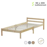 Massivholzbett 90x200 - Vollholz Einzelbett mit Kopfteil - Farbe-Auswahl: Weiß Natur Grau