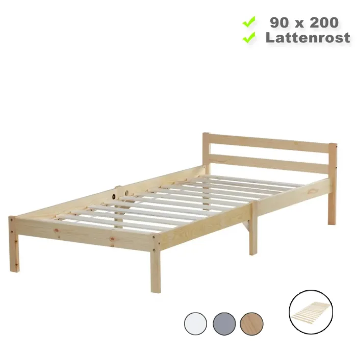 Massivholzbett 90x200 - Vollholz Einzelbett mit Kopfteil - Farbe-Auswahl: Weiß Natur Grau