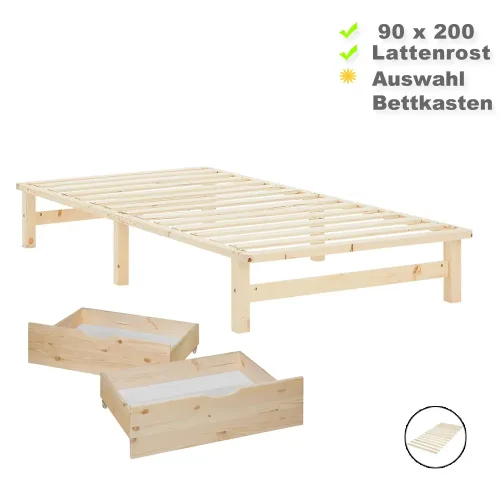 Massivholzbett 90x200 - Palettenbett ohne Kopfteil - Auswahl Bettkasten - Farbe: Natur