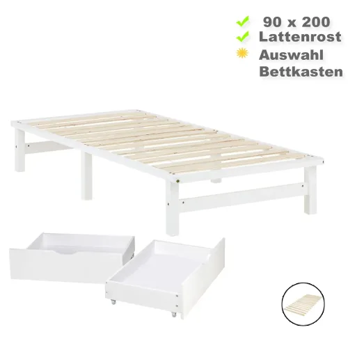 Massivholzbett 90x200 - Palettenbett ohne Kopfteil - Auswahl Bettkasten - Farbe: Weiß