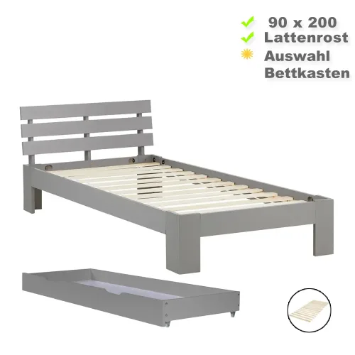 Massivholzbett 90×200 – Einzelbett mit Rückenlehne – Farbe: Grau