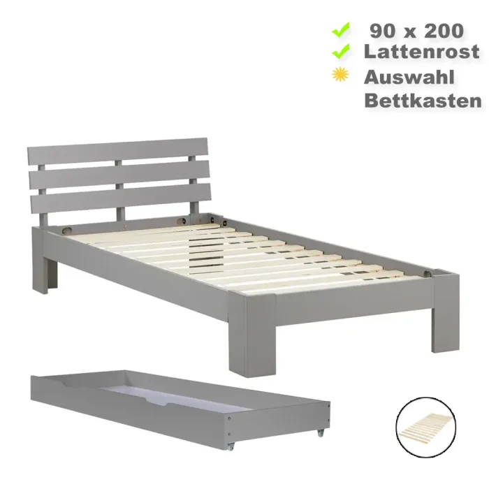 Massivholzbett 90×200 – Einzelbett mit Rückenlehne – Farbe: Grau