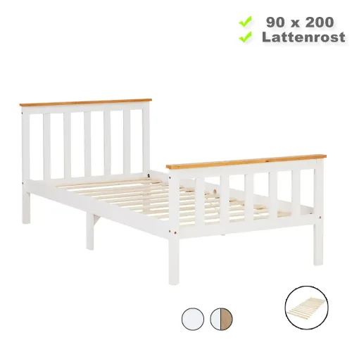 Massivholzbett 90x200 - Einzelbett mit hohem Kopf- und Fußteil - Farbe-Auswahl: Weiß Weiß-Natur