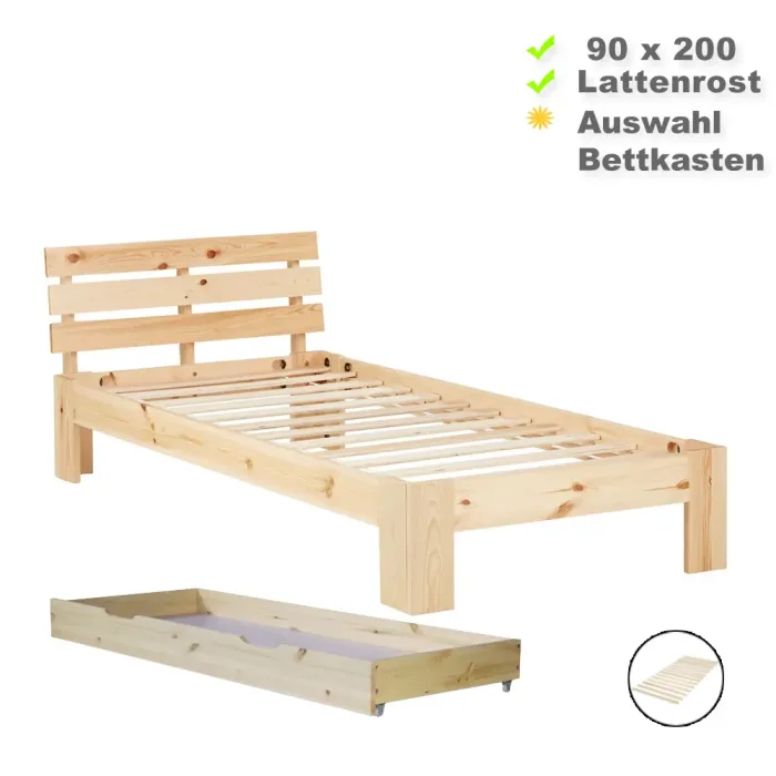 Massivholzbett 90x200 - Einzelbett mit Rückenrahmen - Auswahl Bettschublade - Farbe: Natur