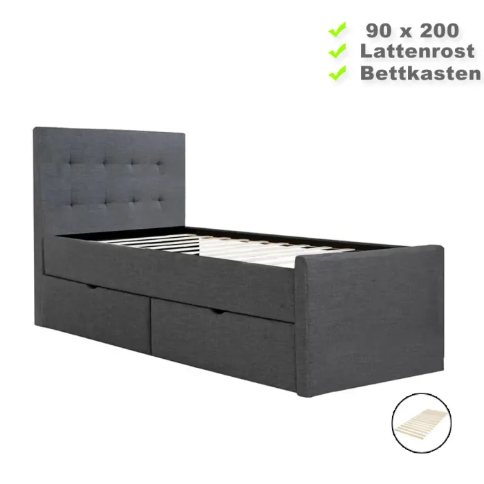 Polsterbett 90x200 - Einzelbett mit zwei Bettkästen - Farbe: Grau