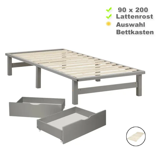 Massivholzbett 90x200 - Palettenbett ohne Kopfteil - Auswahl Bettkasten - Farbe: Grau