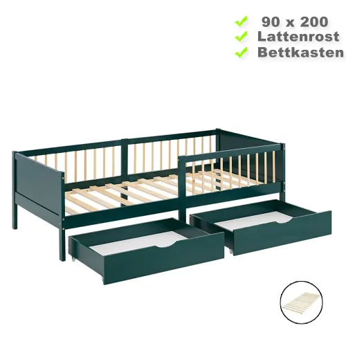 Kinderbett mit Gitterrand in Natur 90x200 - Holzbett mit zwei Schubladen und Rausfallschutz - Farbe: Grün
