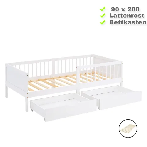 Junior Kinderbett 90x200 - Bodennahes Holzbett mit zwei Bettkästen und Rausfallschutz - Farbe: Weiß