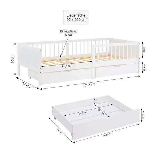 Junior Kinderbett 90x200 - Bodennahes Holzbett mit zwei Bettkästen und Rausfallschutz - Farbe: Weiß