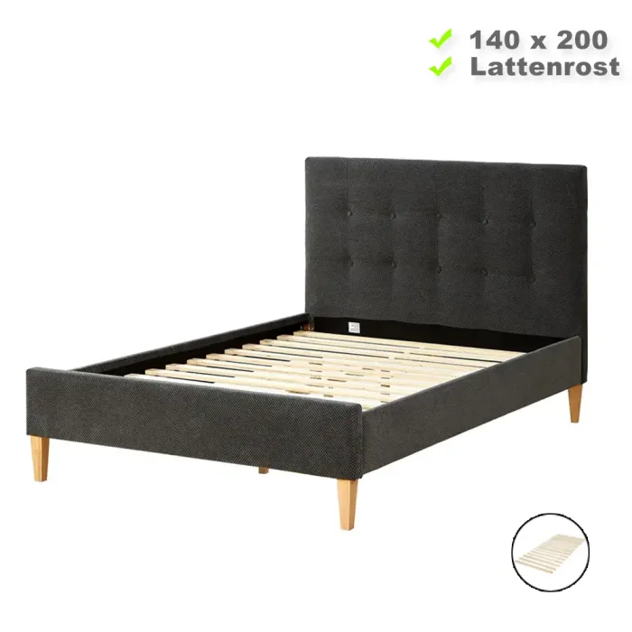 Polsterbett 140×200 mit Samtstoffbezug – Doppelbett mit Bettfüßen aus Gummibaumholz – Farbe: Anthrazit