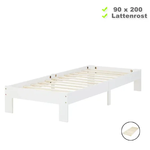 Massivholz Futonbett 90x200 - Echtholz Einzel- und Tagesbett mit extra Stützfüßen - Farbe: Weiß