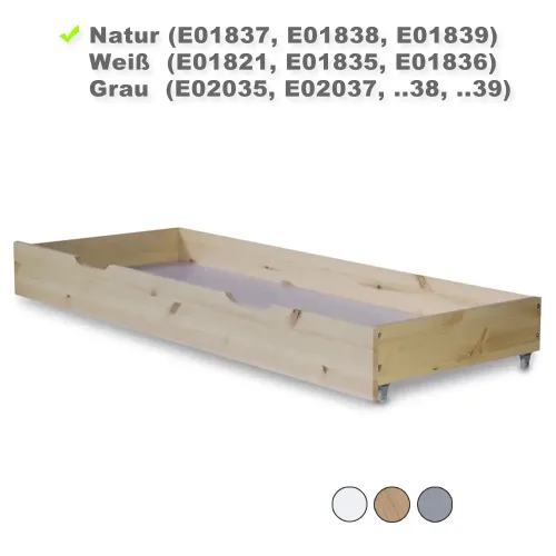 Bettkasten für Massivholzbett - Schublade mit Rollen - Farbe-Auswahl: Weiß Natur Grau