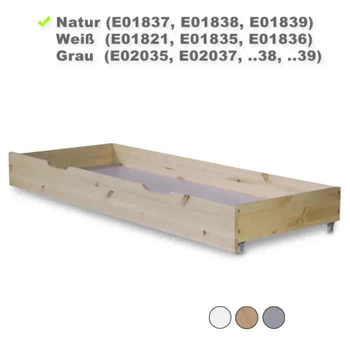 Bettkasten für Massivholzbett - Schublade mit Rollen - Farbe-Auswahl: Weiß Natur Grau