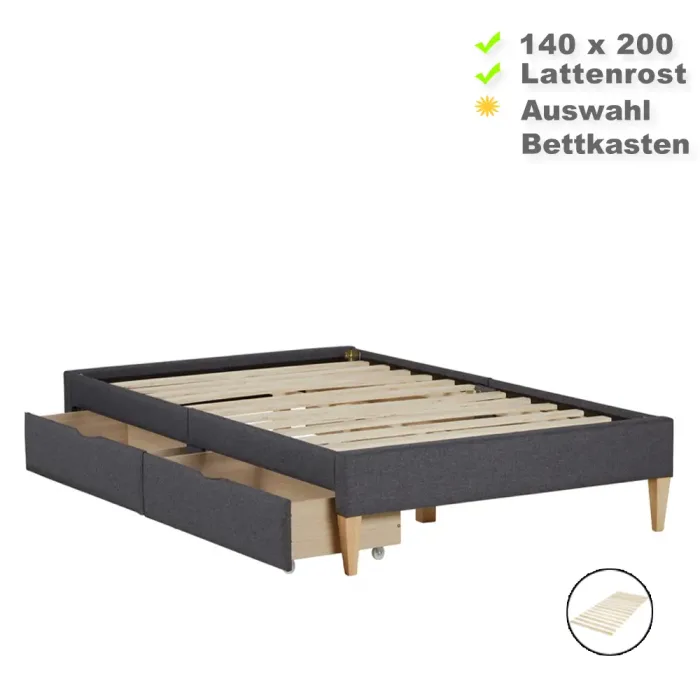 Polsterbett 140x200 in Grau - Doppelbett mit Rubberwood-Füßen & optionalen Bettkästen