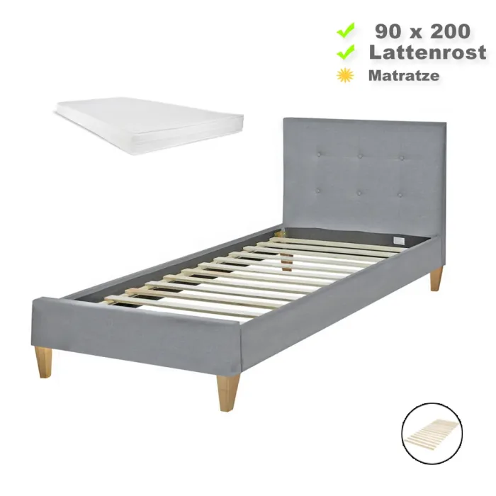 Polsterbett 90x200 mit hohem Kopfrahmen - Einzelbett optional mit Matratze - Farbe: Grau
