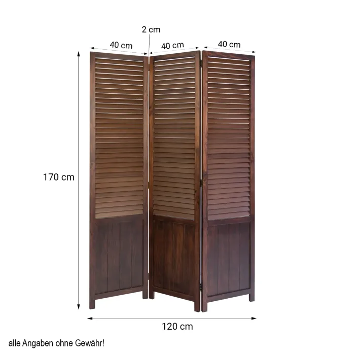 Raumteiler aus Holz im used Stil 120x170 cm - Paravent 3 teilig mit mehrzeiligen Holzlamellen - Farbe: Braun