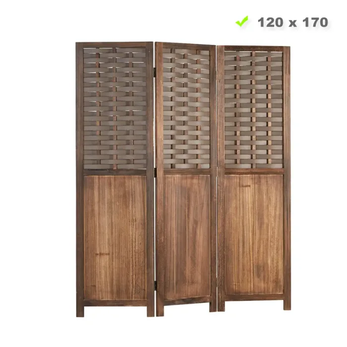 Raumteiler mit Holzlamellen 120x170 cm - Paravent 3 teilig aus Echtholz und Kunststoff in Rattan-Optik - Farbe: Braun