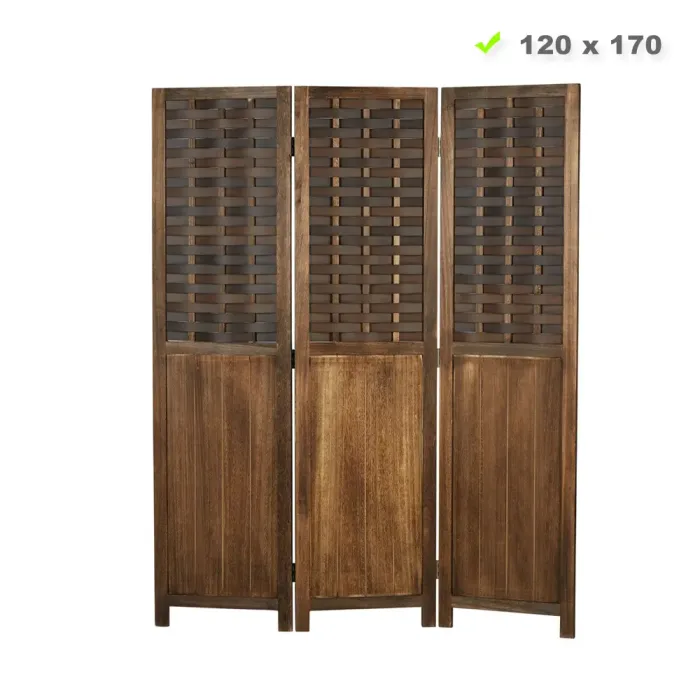 Raumteiler mit Holzpaneelen 120x170 cm - Paravent 3 teilig aus Holz und einem Kunststoffgeflecht - Farbe: Braun Dunkelbraun