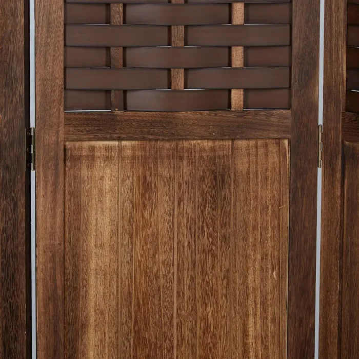 Raumteiler mit Holzpaneelen 120x170 cm - Paravent 3 teilig aus Holz und einem Kunststoffgeflecht - Farbe: Braun Dunkelbraun