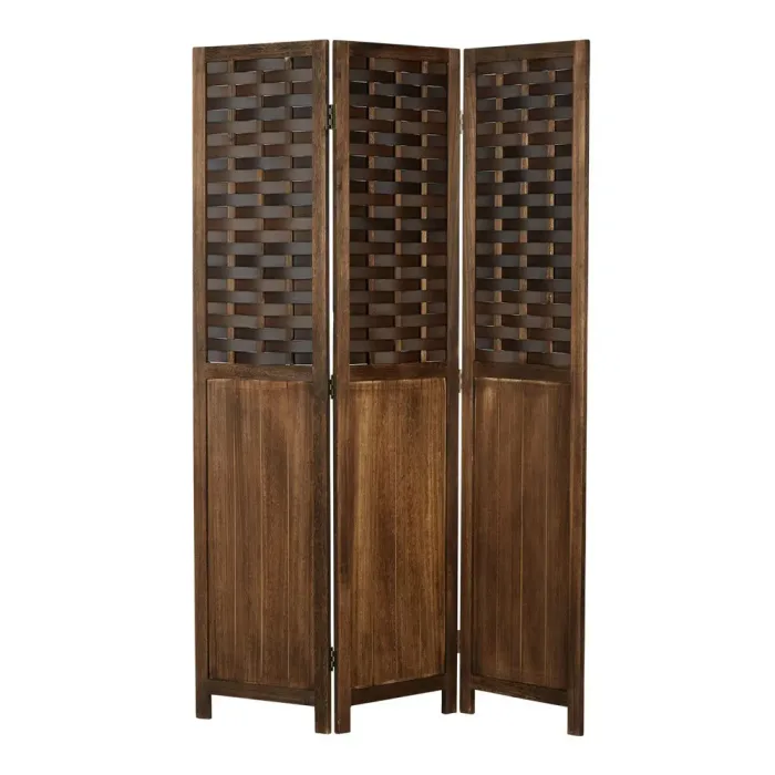 Raumteiler mit Holzpaneelen 120x170 cm - Paravent 3 teilig aus Holz und einem Kunststoffgeflecht - Farbe: Braun Dunkelbraun