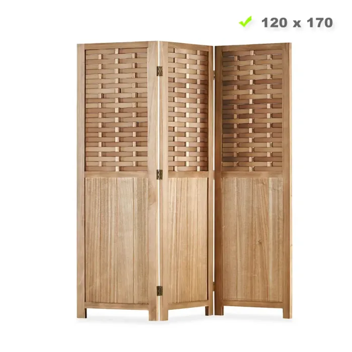 Raumteiler mit Holzstreben 120x170 cm - Paravent 3 teilig aus Echtholz und Kunststoffelementen - Farbe: Hellbraun Natur