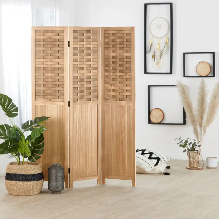 Raumteiler mit Holzstreben 120x170 cm - Paravent 3 teilig aus Echtholz und Kunststoffelementen - Farbe: Hellbraun Natur