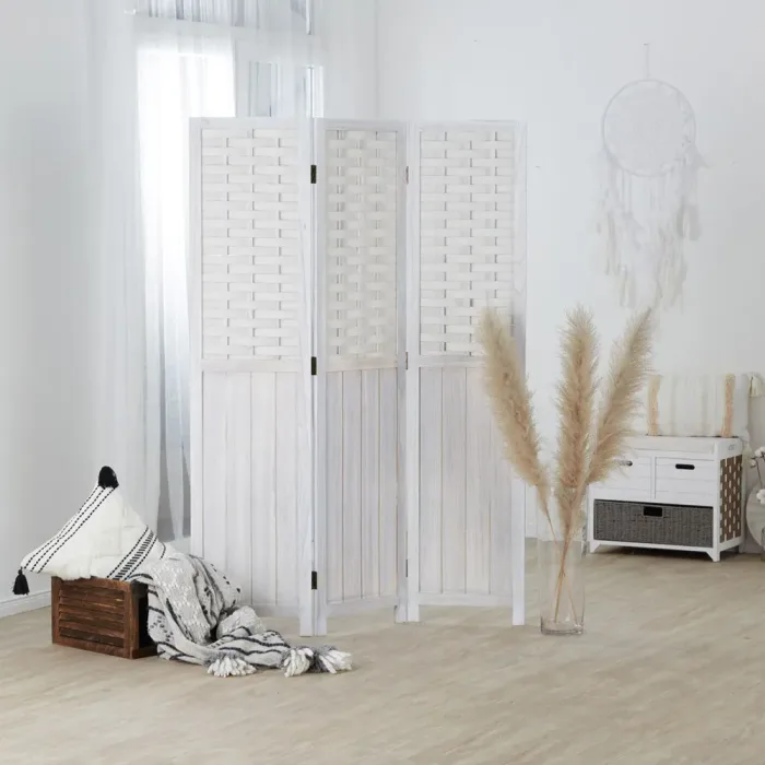 Raumteiler mit Holzlamellen 120x170 cm - Paravent 3 teilig aus Holz und einer Kunststoffstruktur- Farbe: Weiß