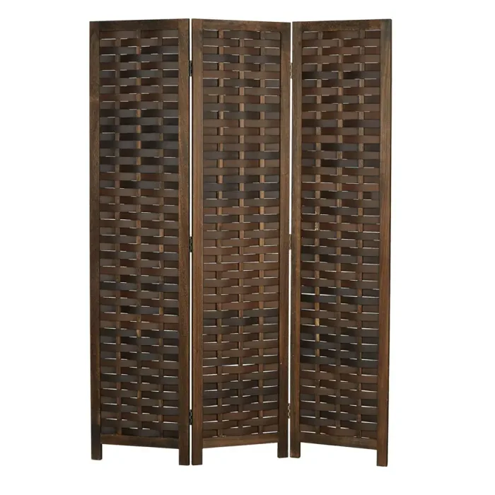 Raumteiler mit Holzrahmen 120x170 cm - Paravent 3 teilig mit einem geflochtenen Muster in Rattan-Optik - Farbe: Braun