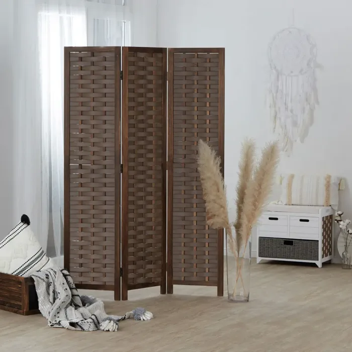 Raumteiler mit Holzrahmen 120x170 cm - Paravent 3 teilig mit einem geflochtenen Muster in Rattan-Optik - Farbe: Braun