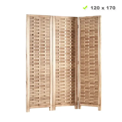 Raumteiler aus Holz 120x170 cm - Paravent 3 teilig mit einem mehrfarbigen Kunststoffgeflecht - Farbe: Natur Braun