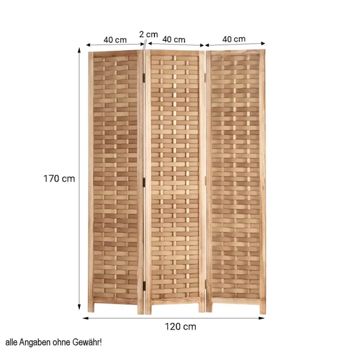 Raumteiler aus Holz 120x170 cm - Paravent 3 teilig mit einem mehrfarbigen Kunststoffgeflecht - Farbe: Natur Braun