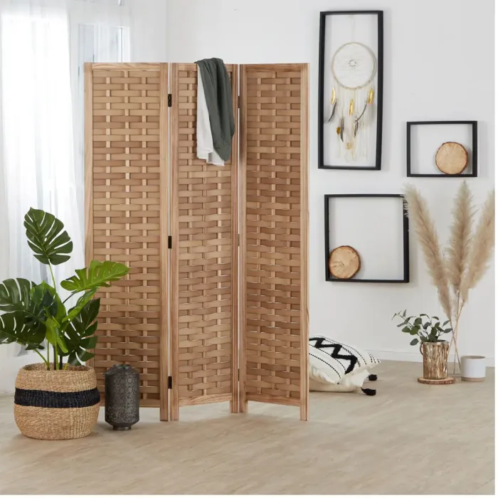 Raumteiler aus Holz 120x170 cm - Paravent 3 teilig mit einem mehrfarbigen Kunststoffgeflecht - Farbe: Natur Braun