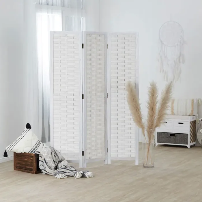Raumteiler aus Holz 120x170 cm - Paravent 3 teilig mit einem Kunststoffgeflecht in Rattan-Optik - Farbe: Weiß
