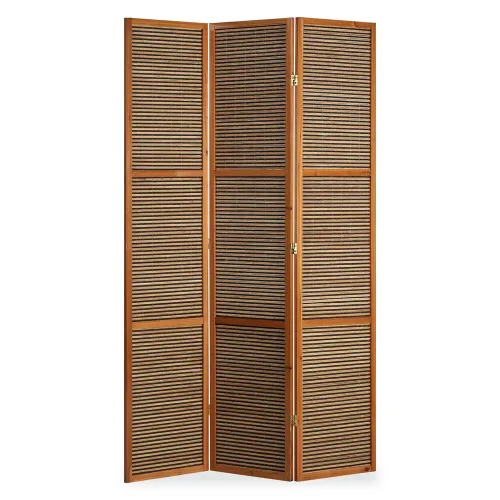 Raumteiler XXL 2m Höhe - Paravent 3 teilig Holz mit mehrfarbiger Bambusbespannung - Farbe: Braun