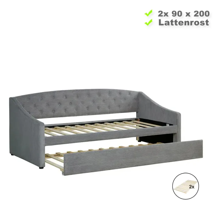 Sofabett 90x200 aus Cord in Grau - Ausziehbare Schlafcouch mit Zweitbett