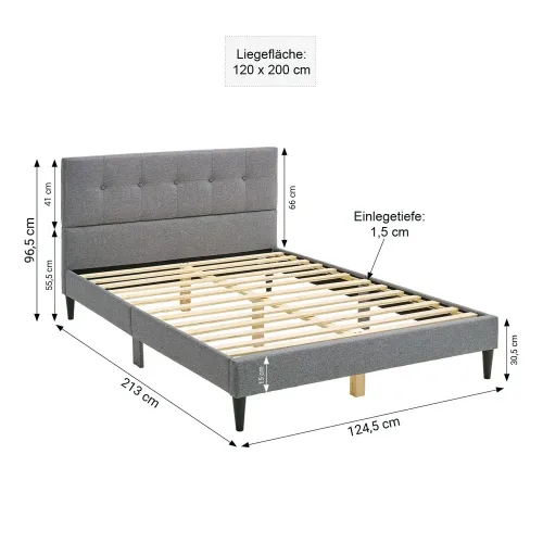 Klassisches Polsterbett 120x200 - Doppelbett mit einem hohem Kopfteil - Farbe: Grau