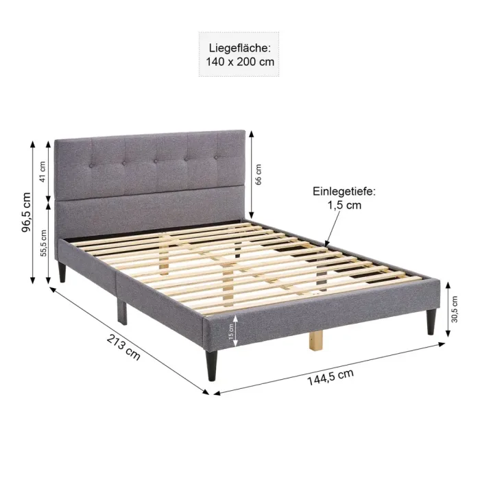 Polsterbett 140x200 - Doppelbett mit hohem Kopfteil - Farbe: Grau