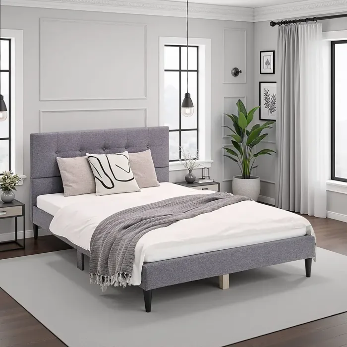 Polsterbett 140x200 - Doppelbett mit hohem Kopfteil - Farbe: Grau